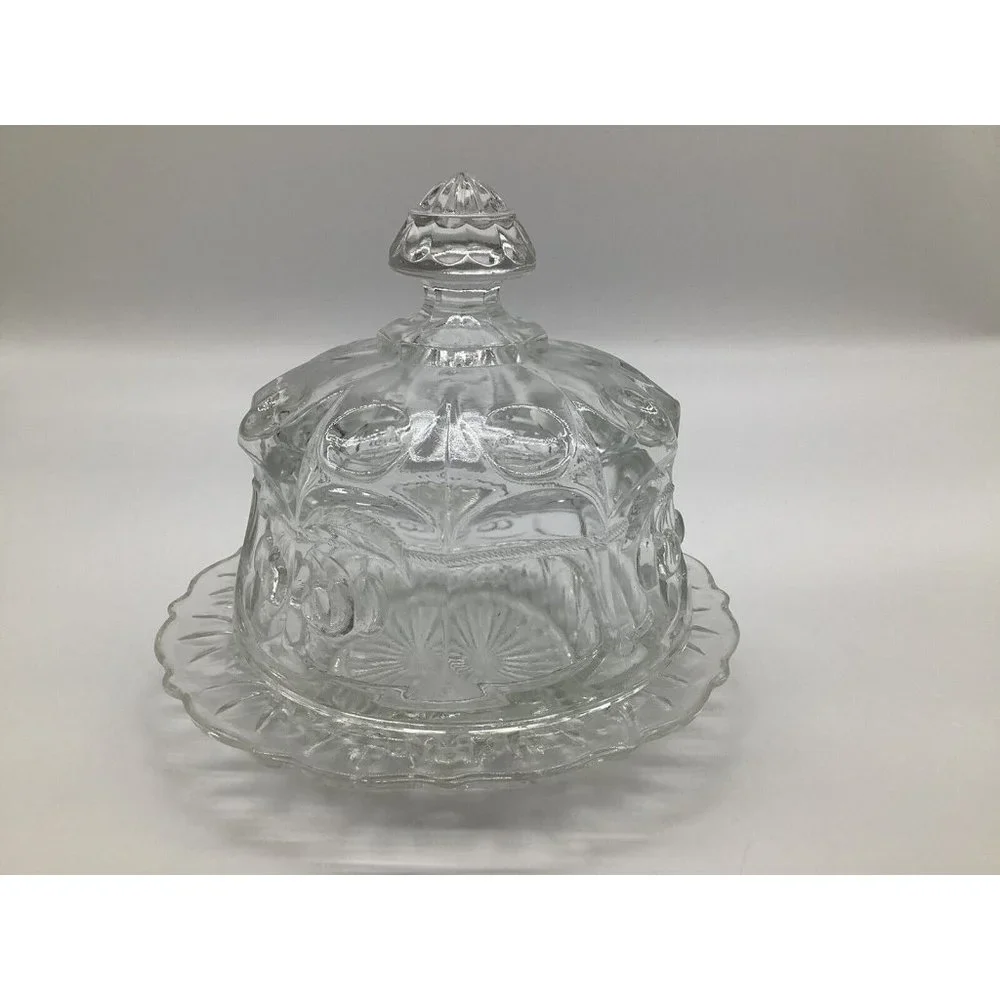 Mosser Clear Pressed Glass Round European Style Covered Butter Dish